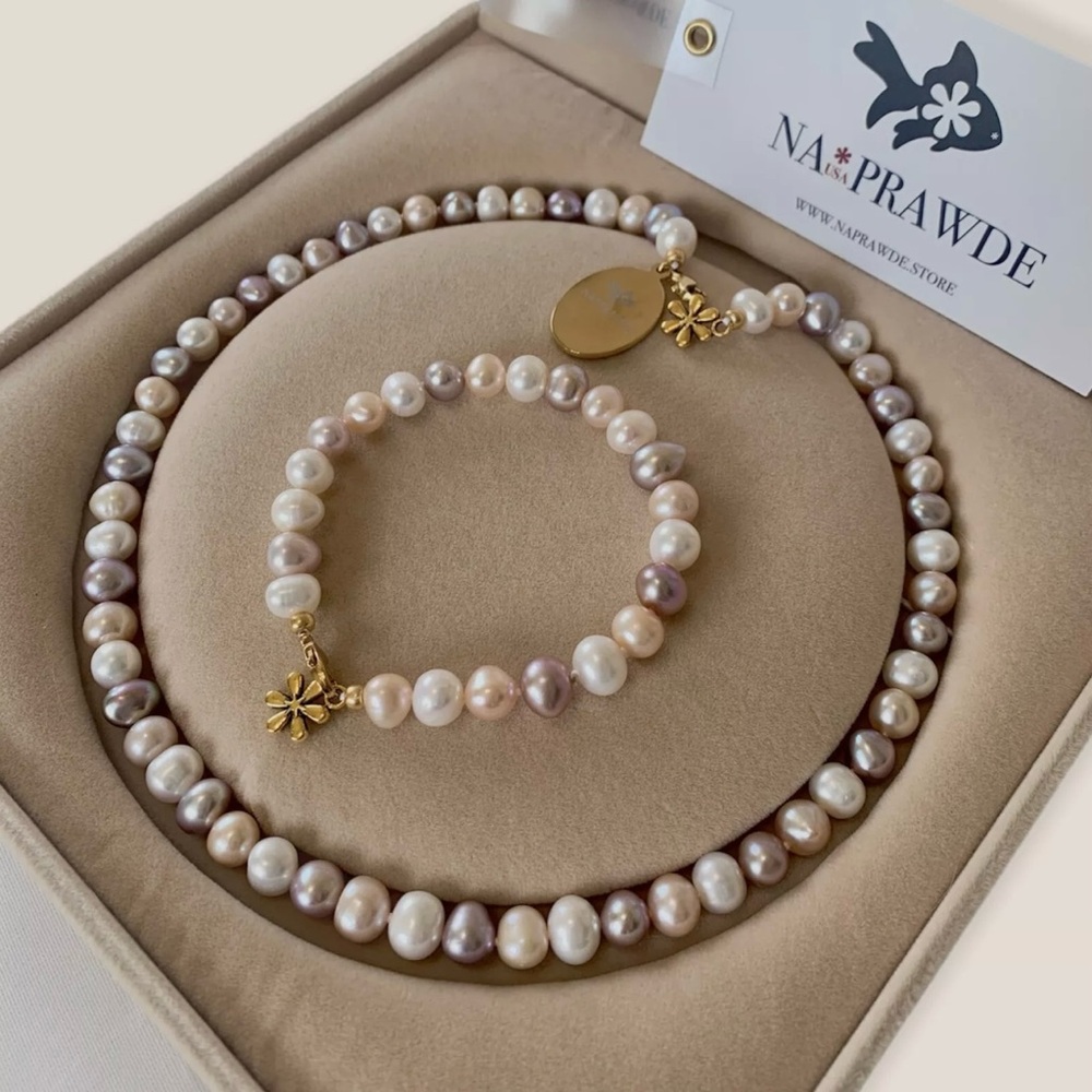 NA*PRAWDE genuine pearl necklace set Potato Shape 8mm AAA Grade-new With Tag - Picture 3 of 9